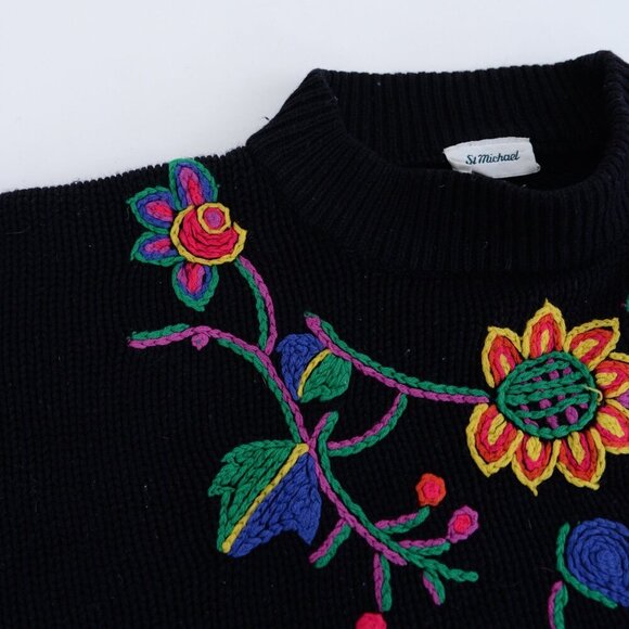 Vintage St Michael Black w Embroidered Floral Knit Mockneck Sweater L - Picture 12 of 12